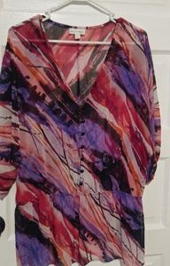 Quarter sleeved, sheer, multi color, v neck top